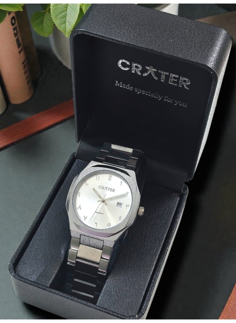 كريتر  ساعة كريتر (CRATER) للرجال – تصميم ملكي فاخر من الستانلس ستيل، مينا كلاسيكي مع عرض التاريخ، مقاومة للماء – تشمل علبة الماركة (فضي/فضي). - Image 4